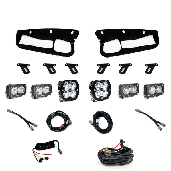 Baja Designs Ensemble pour logement d'antibrouillard, pare-chocs en acier avec Upfitter, Ford, Bronco (21-26) S2 Sport conduite/combiné transparent, S2 Sport éclairage d'angle large transparent, Squadron 2.0 Pro faisceau ponctuel transparent
