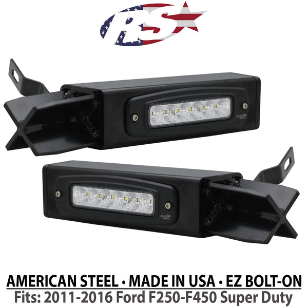 Race Sport 2011-2016 Ford F250-F450 Super Duty Hitch Bar Reverse 7in LED Flood Lighting Heavy Duty Bolt-On Street Series Kit and Single End Light Cap