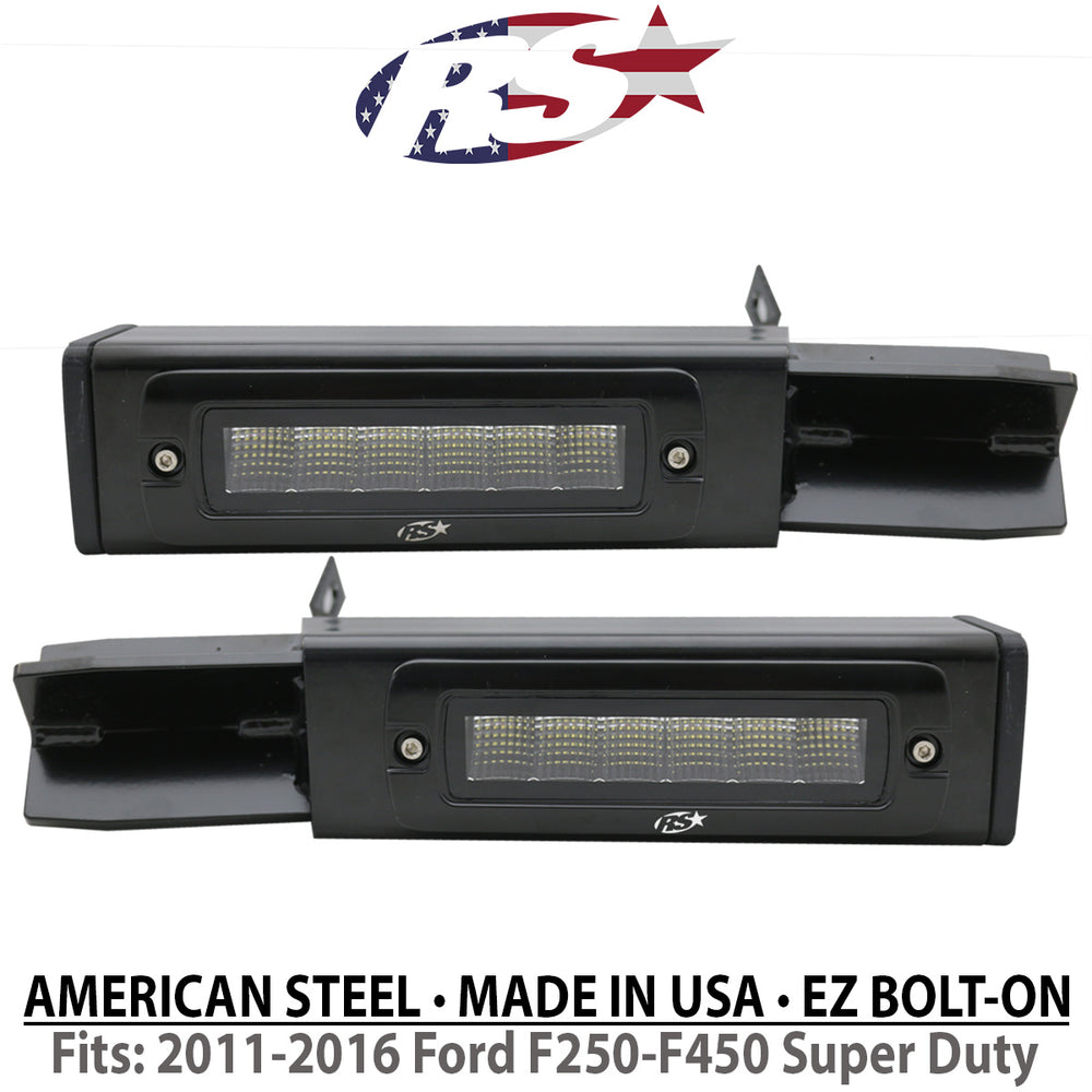 Race Sport 2011-2016 Ford F250-F450 Super Duty Hitch Bar Reverse 7in LED Flood Lighting Heavy Duty Bolt-On Blacked Out Kit with Heated Lens and Single End Light Cap