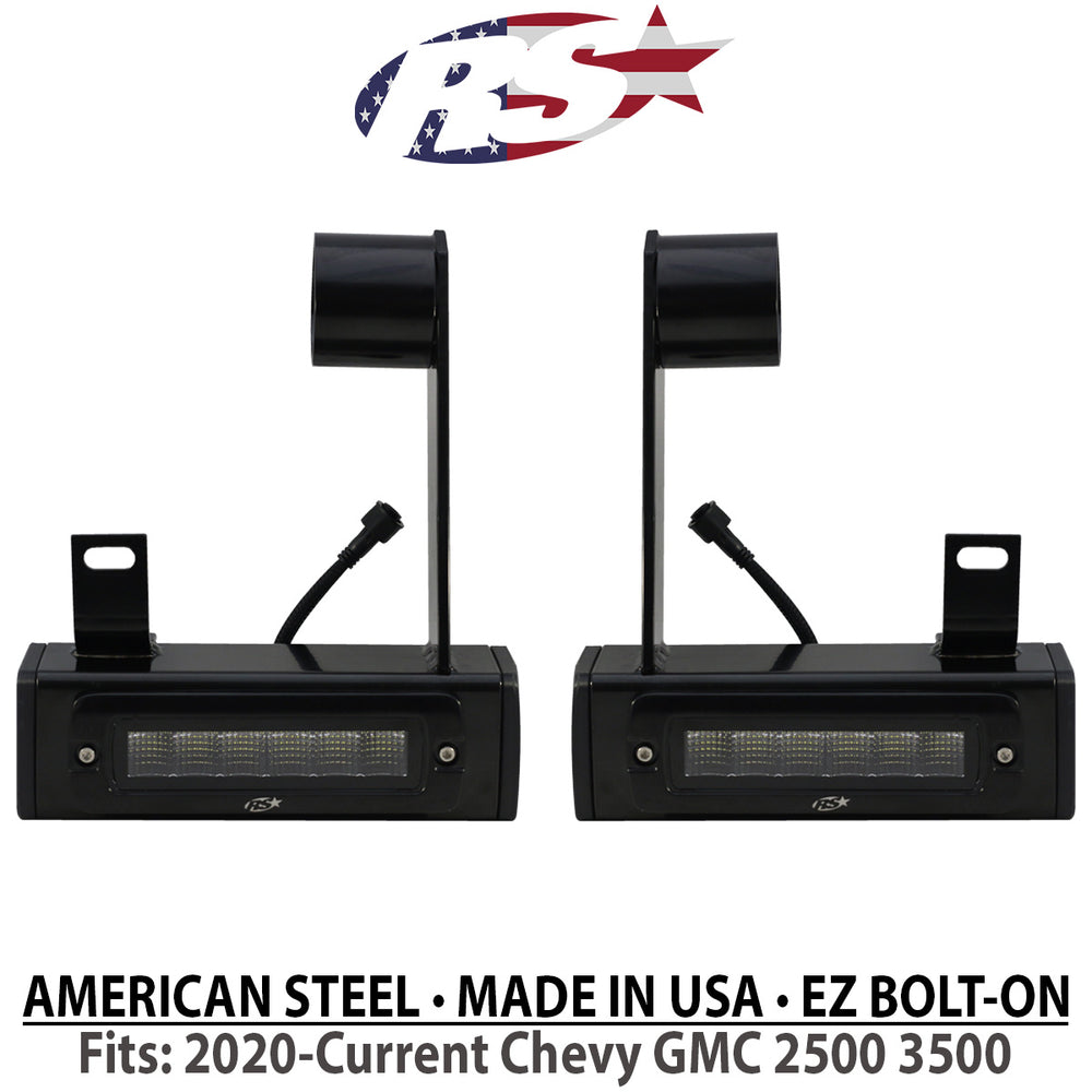 Race Sport 2020-Current Chevy GMC 2500 3500 Hitch Bar Reverse 7in LED Flood Lighting Heavy Duty Bolt-On Blacked Out Kit with Heated Lens and Dual End Light Cap