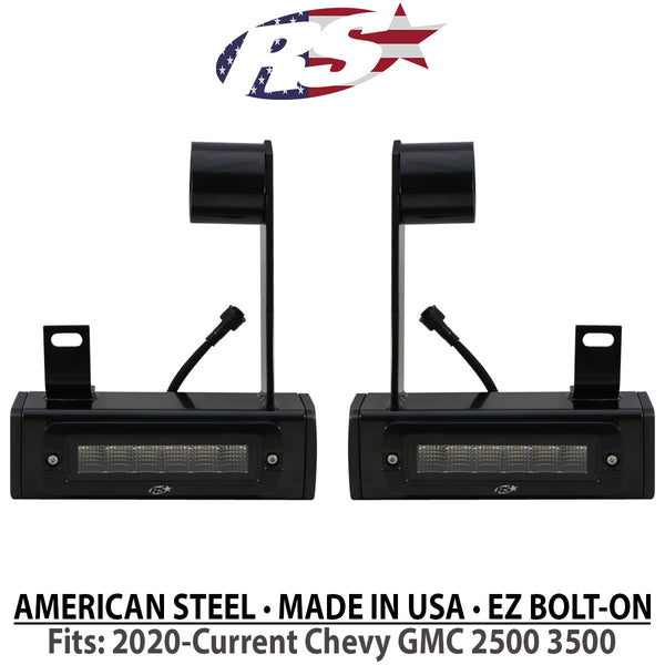 Race Sport 2020-Current Chevy GMC 2500 3500 Hitch Bar Reverse 7in LED Flood Lighting Heavy Duty Bolt-On Blacked Out Kit with Heated Lens and Dual End Light Cap