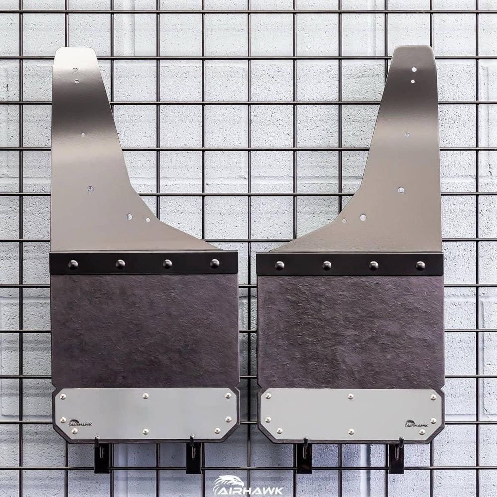 Air Hawk Carbon Black Custom Fit Front Mud Flaps with Stainless Bottom Plates - 17-26 Super Duty with Fender Flares