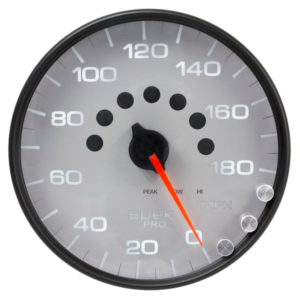 AutoMeter Gauge, Speedometer, 5", 180 MPH, Elec. Programmable, Silver/Black, Spek-Pro