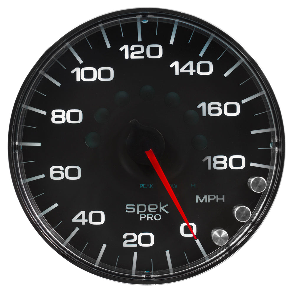 AutoMeter Gauge, Speedometer, 5", 180 MPH, Elec. Programmable, Black/Chrome, Spek-Pro — Red (P230318)