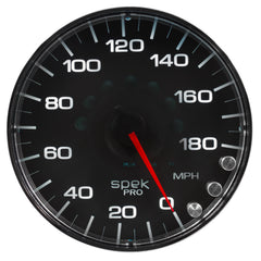 AutoMeter Gauge, Speedometer, 5", 180 MPH, Elec. Programmable, Black/Chrome, Spek-Pro — Red (P230318)