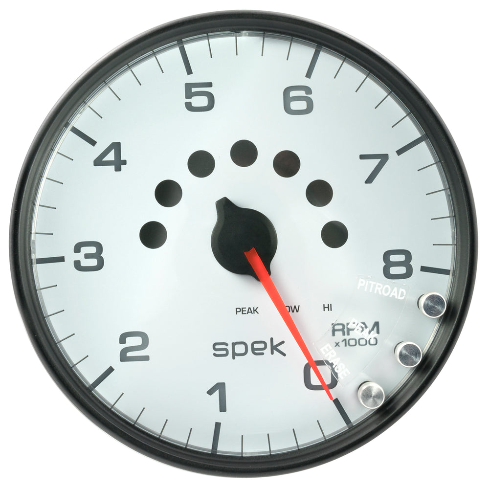 AutoMeter Gauge, Tachometer, 5", 8K RPM, W/Shift Light & Peak Mem, White/Black, Spek-Pro — Red (P23812)
