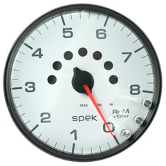 AutoMeter Gauge, Tachometer, 5", 8K RPM, W/Shift Light & Peak Mem, White/Black, Spek-Pro — Red (P23812)