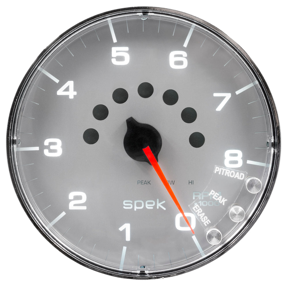 AutoMeter Gauge, Tachometer, 5", 8K RPM, W/Shift Light & Peak Mem, Silver/Chrome, Spek-Pro — Red (P238218)