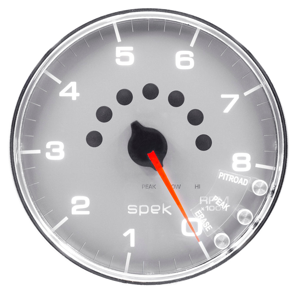 AutoMeter Gauge, Tachometer, 5", 8K RPM, W/Shift Light & Peak Mem, Silver/Chrome, Spek-Pro — Red (P23821)