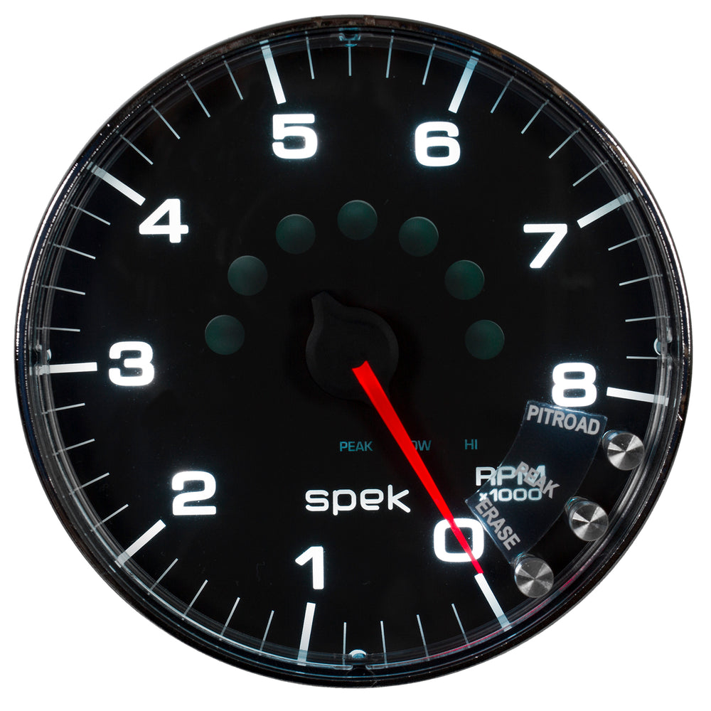 AutoMeter Gauge, Tachometer, 5", 8K RPM, W/Shift Light & Peak Mem, Black/Chrome, Spek-Pro — Red (P238318)