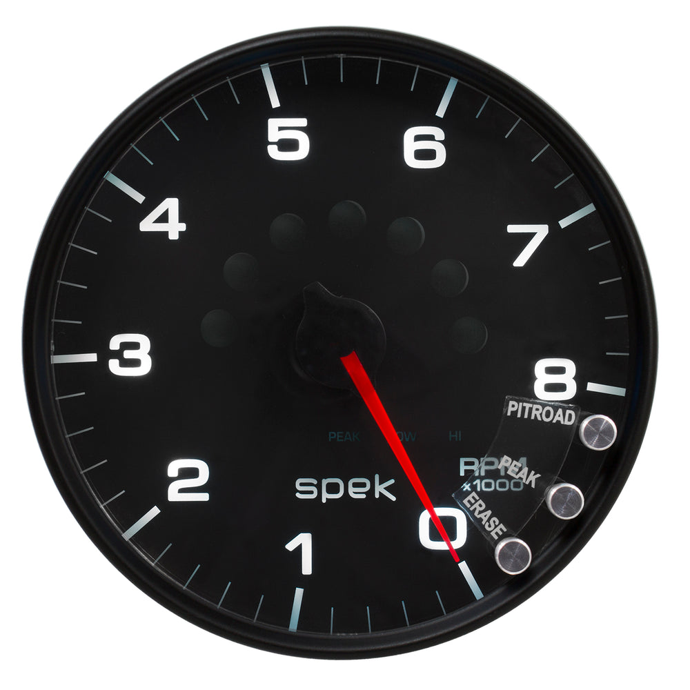 AutoMeter Gauge, Tachometer, 5", 8K RPM, W/Shift Light & Peak Mem, Black/Black, Spek-Pro — Red (P23832)