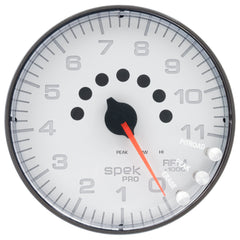 AutoMeter Gauge, Tachometer, 5", 11K RPM, W/Shift Light & Peak Mem, White/Black, Spek-Pro — Red (P239128)