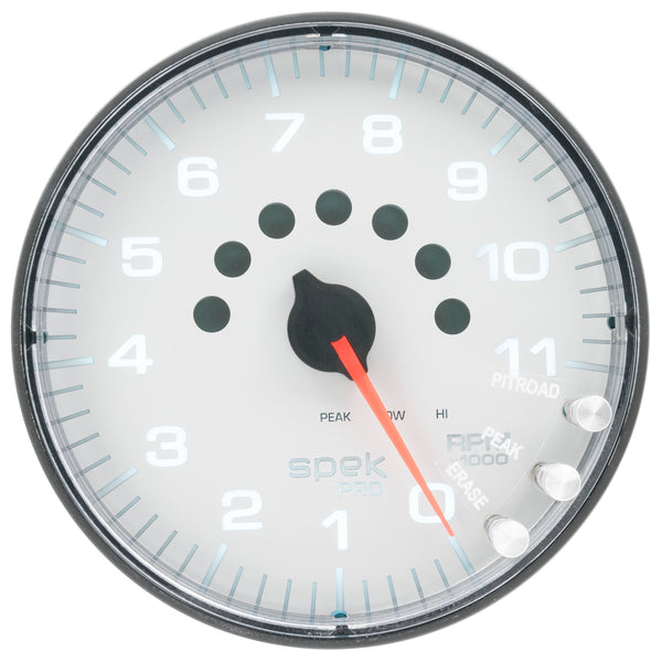 AutoMeter Gauge, Tachometer, 5", 11K RPM, W/Shift Light & Peak Mem, White/Black, Spek-Pro — Red (P23912)