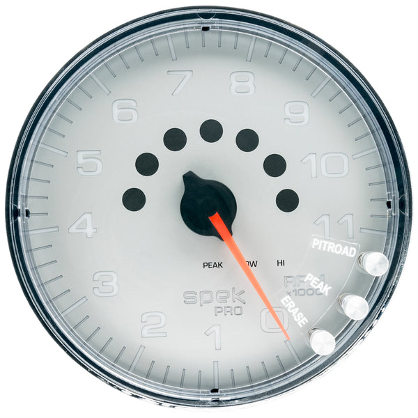 AutoMeter Gauge, Tachometer, 5", 11K RPM, W/Shift Light & Peak Mem, Silver/Chrome, Spek — Red (P239218)