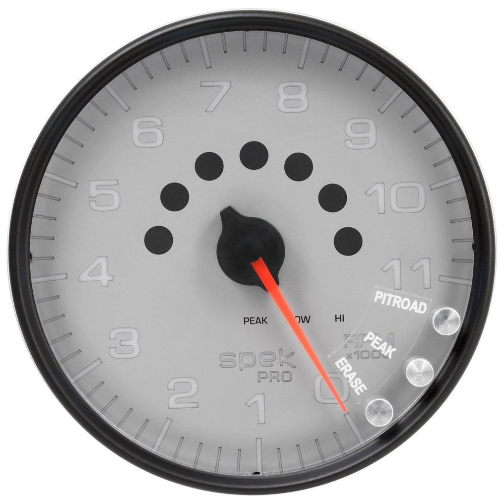 AutoMeter Gauge, Tachometer, 5", 11K RPM, W/Shift Light & Peak Mem, Silver/Black, Spek-Pro — Red (P23922)