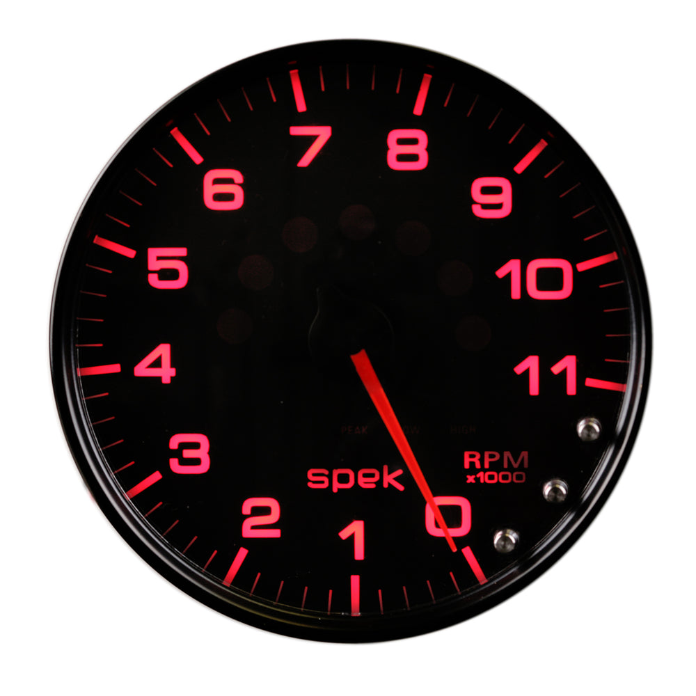 AutoMeter Gauge, Tachometer, 5", 11K RPM, W/Shift Light & Peak Mem, Black/Black, Spek-Pro — Red (P23932)