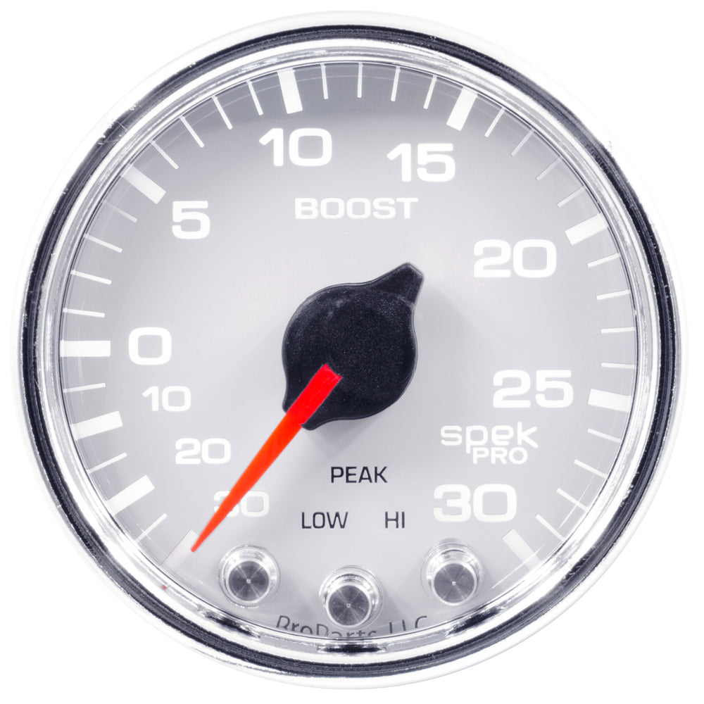 AutoMeter Gauge, Vac/Boost, 2 1/16", 30INHG-30PSI, Stepper Mtr W/PK & Wrn, Wht/Chrme, Spek