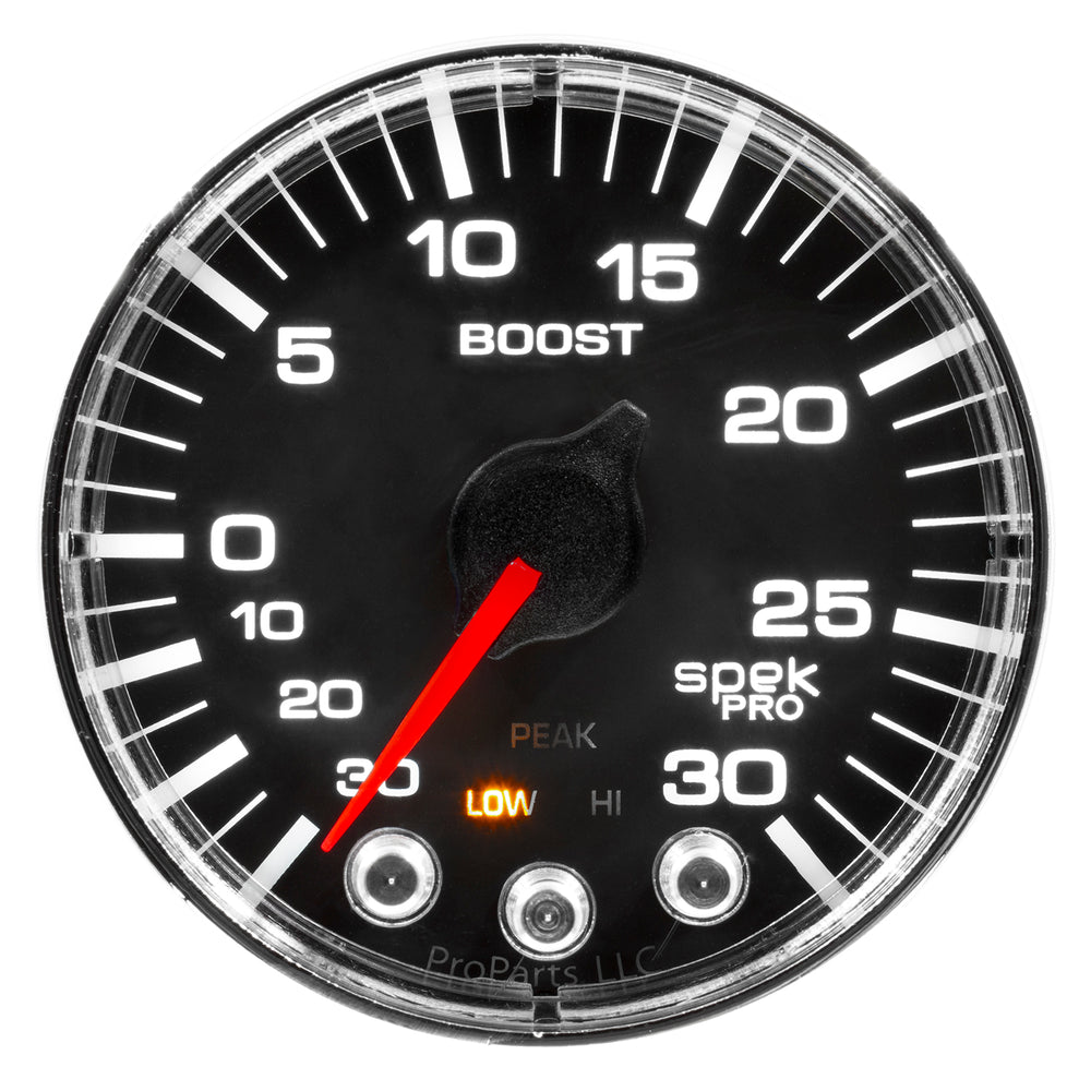 AutoMeter Gauge, Vac/Boost, 2 1/16", 30INHG-30PSI, Stepper Mtr W/PK & Wrn, Blk/Chrme, Spek — Red (P302318)