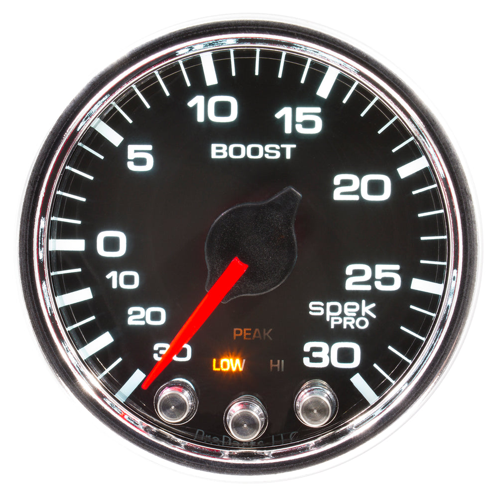 AutoMeter Gauge, Vac/Boost, 2 1/16", 30INHG-30PSI, Stepper Mtr W/PK & Wrn, Blk/Chrme, Spek — Red (P30231)