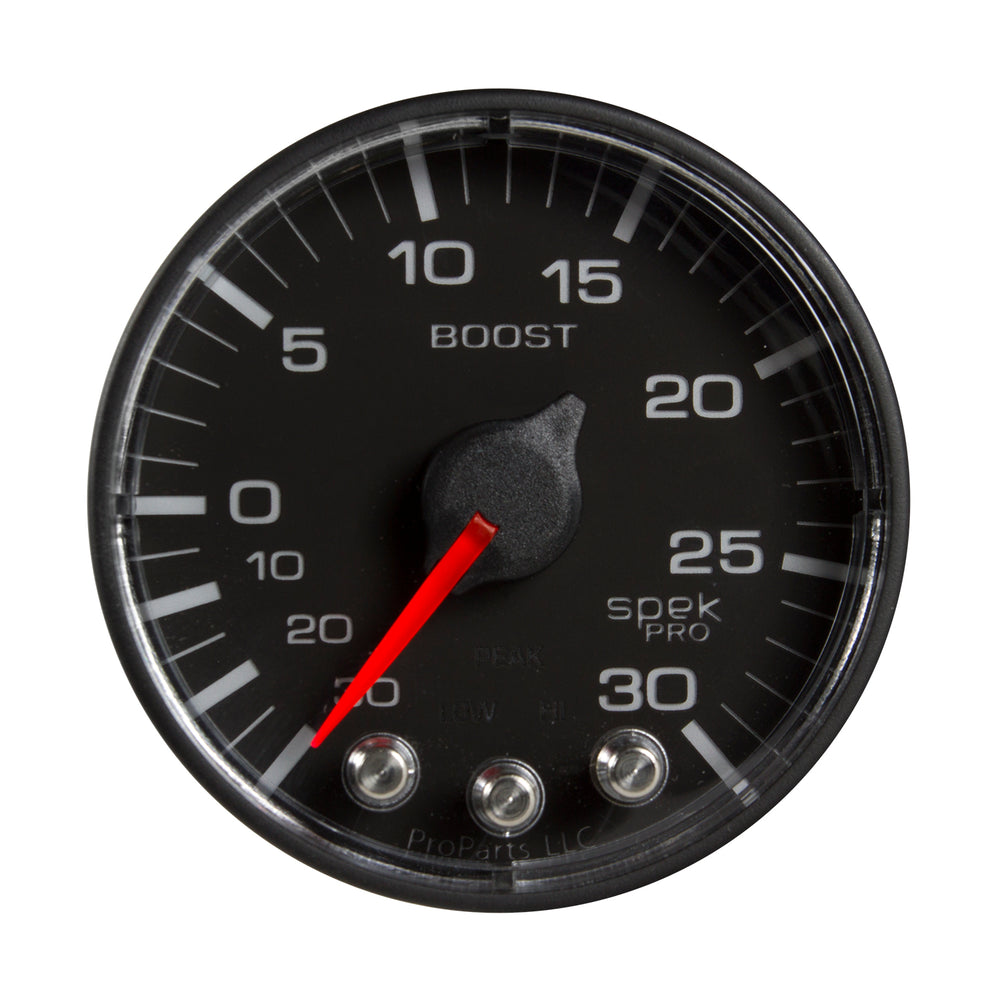 AutoMeter Gauge, Vac/Boost, 2 1/16", 30INHG-30PSI, Stepper Motor W/PK & Wrn, Blk/Blk, Spek — Red (P302328)