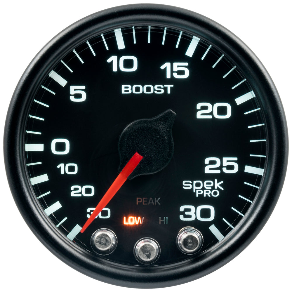 AutoMeter Gauge, Vac/Boost, 2 1/16", 30INHG-30PSI, Stepper Motor W/PK & Wrn, Blk/Blk, Spek — Red (P30232)