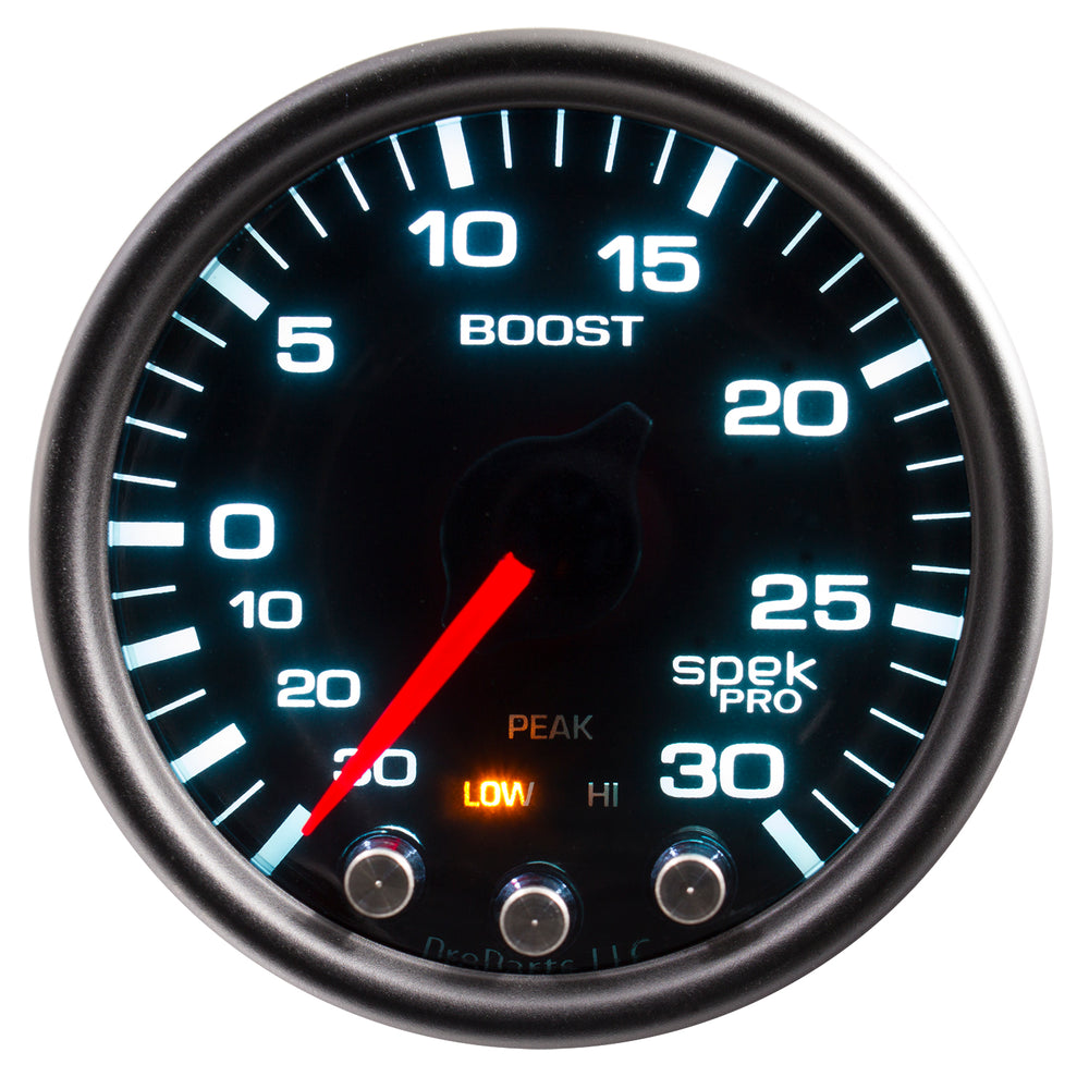 AutoMeter Gauge, Vac/Boost, 2 1/16", 30INHG-30PSI, Stepper Mtr W/PK & Wrn, BK/Smk/BK, Spek