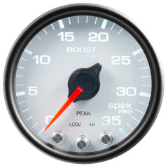 AutoMeter Gauge, Boost, 2 1/16", 35PSI, Stepper Motor W/Peak & Warn, White/Black, Spek-Pro — Red (P30312)