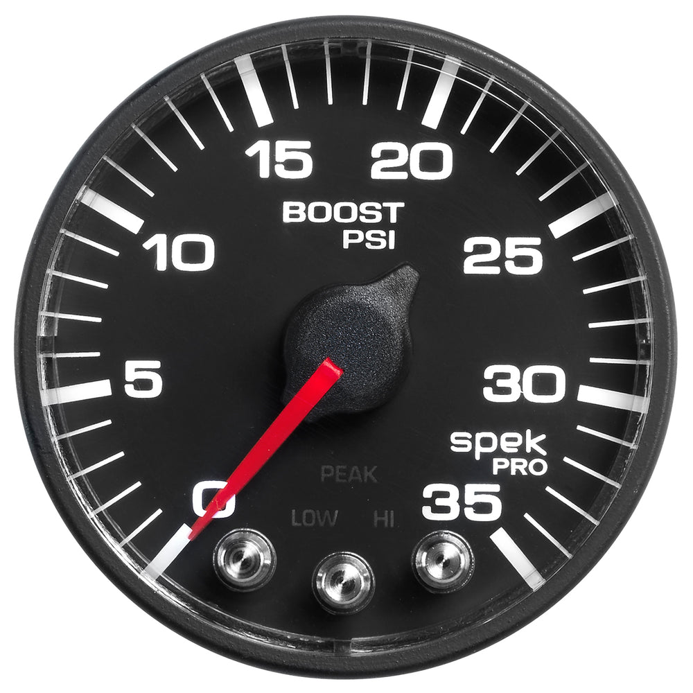 AutoMeter Gauge, Boost, 2 1/16", 35PSI, Stepper Motor W/Peak & Warn, Black/Black, Spek-Pro — Red (P303328)
