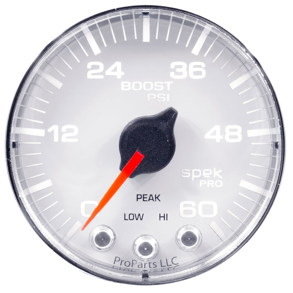 AutoMeter Gauge, Boost, 2 1/16", 60PSI, Stepper Motor W/Peak & Warn, Wht/Chrm, Spek-Pro — Red (P304118)