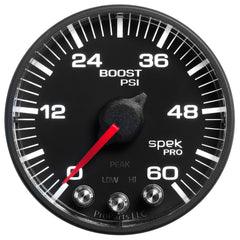 AutoMeter Gauge, Boost, 2 1/16", 60PSI, Stepper Motor W/Peak & Warn, Blk/Black, Spek-Pro — Red (P304328)