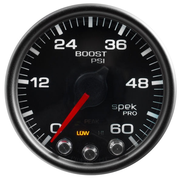 AutoMeter Gauge, Boost, 2 1/16", 60PSI, Stepper Motor W/Peak & Warn, Blk/Black, Spek-Pro — Red (P30432)