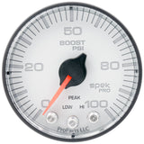 GAUGE, BOOST, 2 1/16", 100PSI, STEPPER MOTOR W/PEAK & WARN, WHT/BLK, SPEK-PRO — Red (P305128)