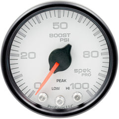 AutoMeter Gauge, Boost, 2 1/16", 100PSI, Stepper Motor W/Peak & Warn, Wht/Blk, Spek-Pro — Red (P30512)