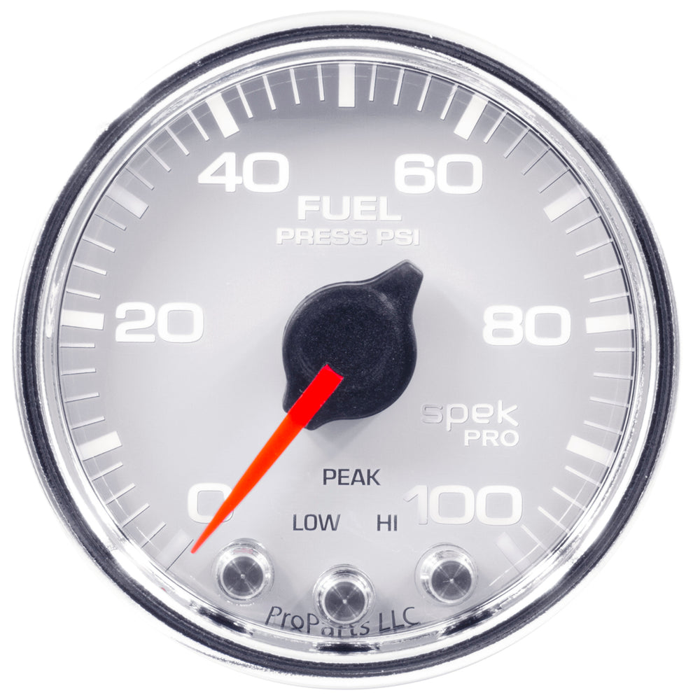 AutoMeter Gauge, Fuel Press, 2 1/16", 100PSI, Stepper Motor W/Peak & Warn, Wht/Chrm, Spek — Red (P31411)