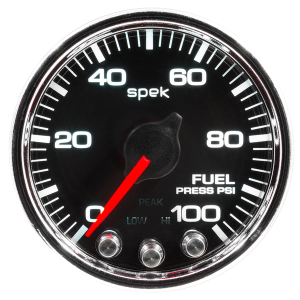 AutoMeter Gauge, Fuel Press, 2 1/16", 100PSI, Stepper Motor W/Peak & Warn, Blk/Chrm, Spek — Red (P31431)