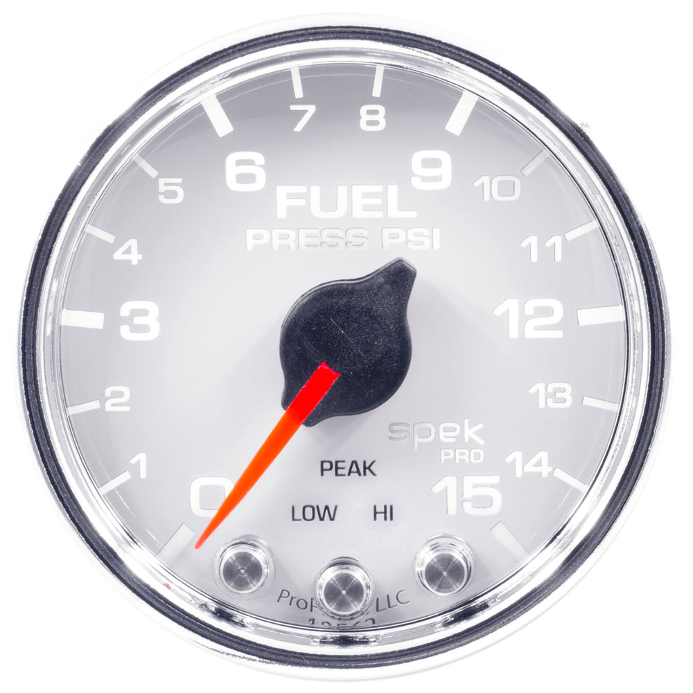 AutoMeter Gauge, Fuel Press, 2 1/16", 15PSI, Stepper Motor W/Peak & Warn, Wht/Chrm, Spek