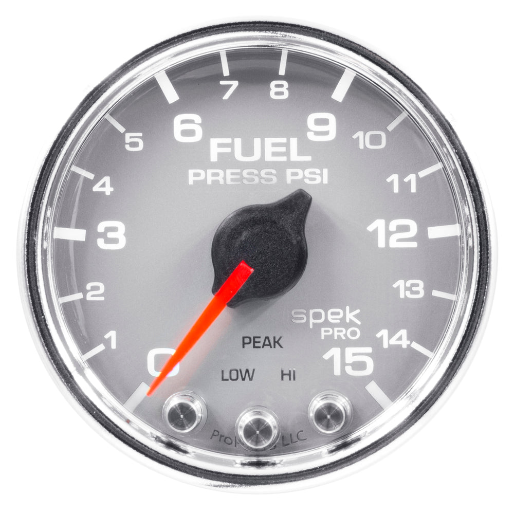 AutoMeter Gauge, Fuel Press, 2 1/16", 15PSI, Stepper Motor W/Peak & Warn, Slvr/Chrm, Spek — Red (P31521)