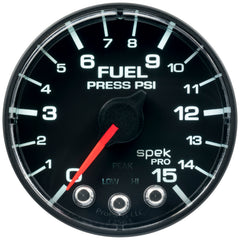 AutoMeter Gauge, Fuel Press, 2 1/16", 15PSI, Stepper Motor W/Peak & Warn, Blk/Blk, Spek — Red (P315328)