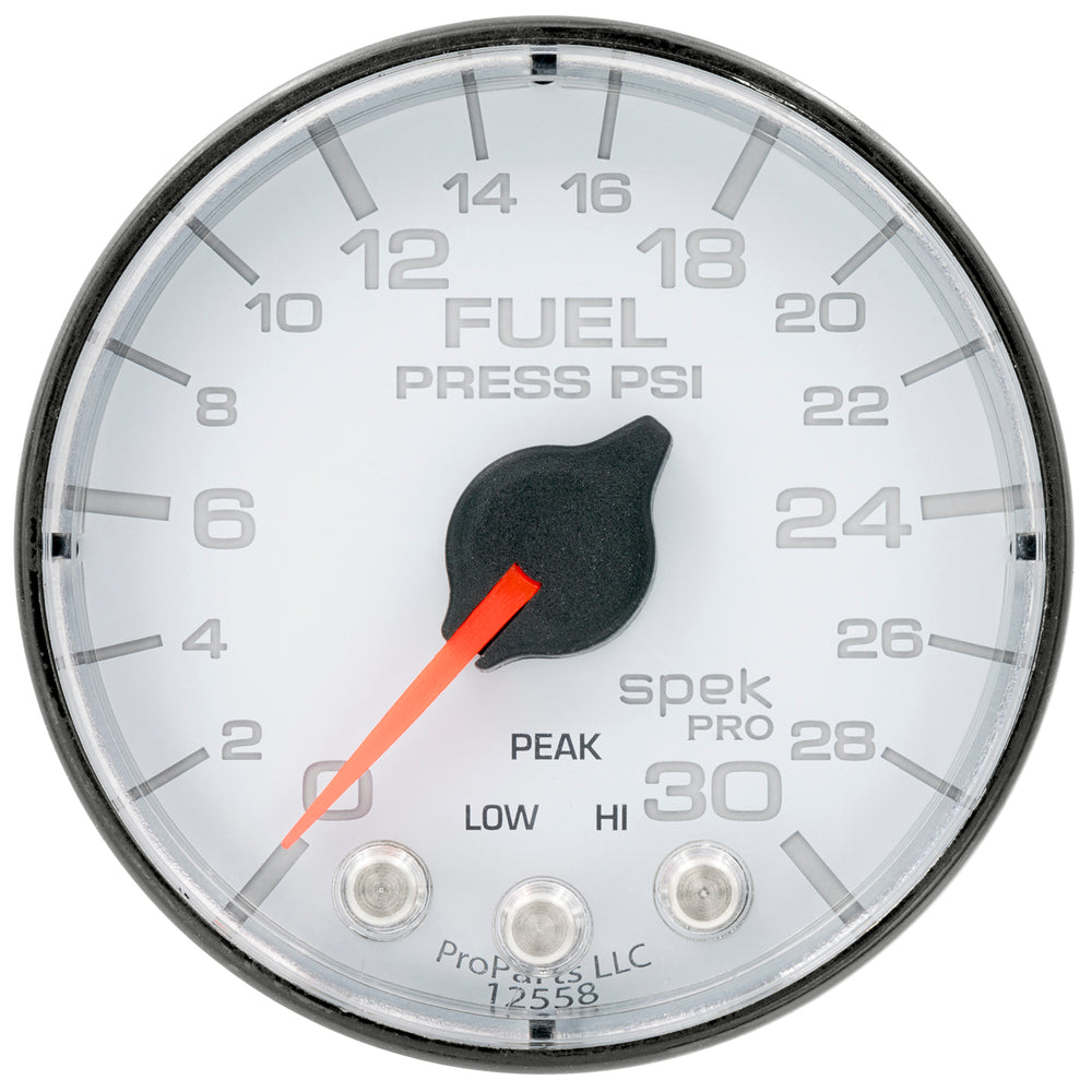 AutoMeter Gauge, Fuel Press, 2 1/16", 30PSI, Stepper Motor W/Peak & Warn, Wht/Blk, Spek — Red (P316128)
