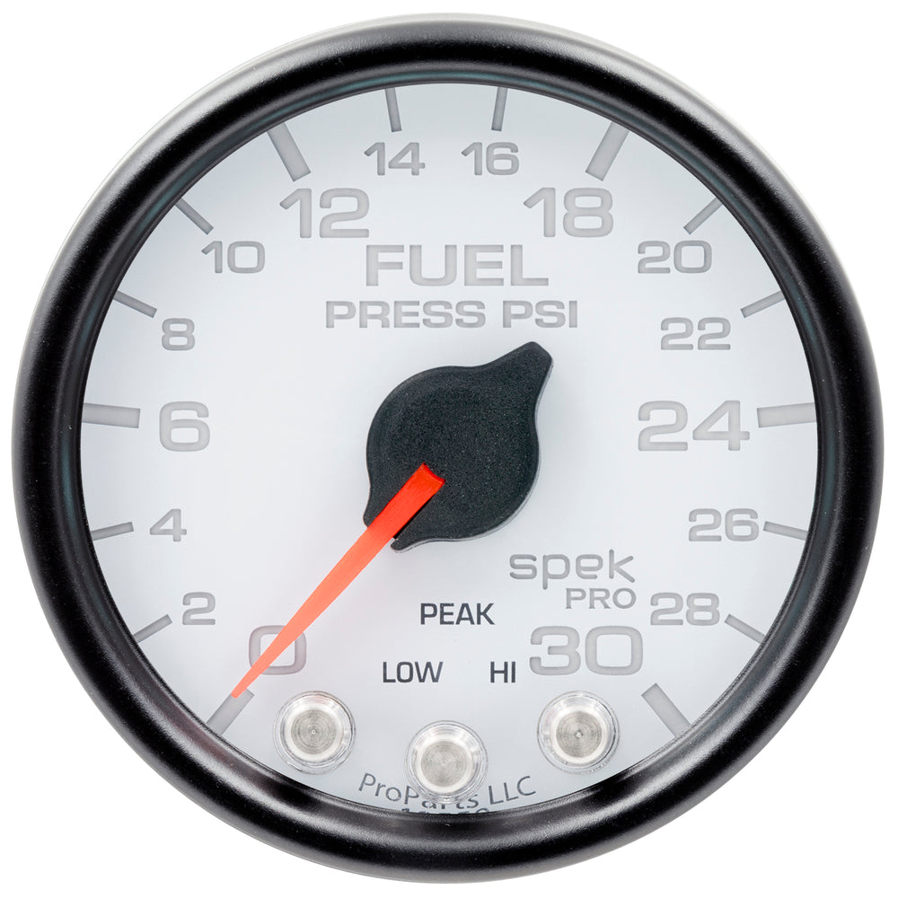 AutoMeter Gauge, Fuel Press, 2 1/16", 30PSI, Stepper Motor W/Peak & Warn, Wht/Blk, Spek — Red (P31612)