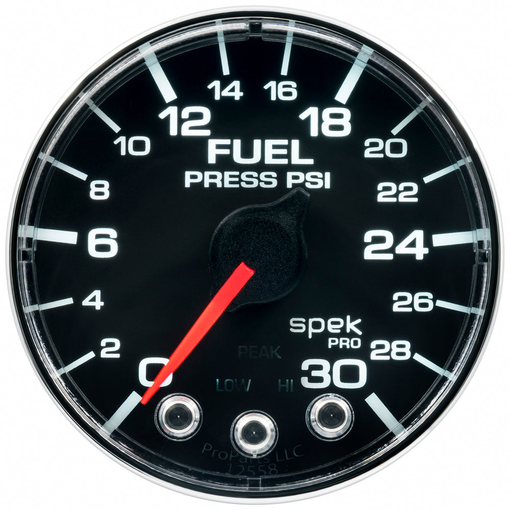 AutoMeter Gauge, Fuel Press, 2 1/16", 30PSI, Stepper Motor W/Peak & Warn, Blk/Chrm, Spek — Red (P316318)