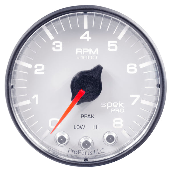 AutoMeter Gauge, Tach, 2 1/16", 8K RPM, W/ Shift Light & Peak Mem, Wht/Blk, Spek-Pro — Red (P334128)