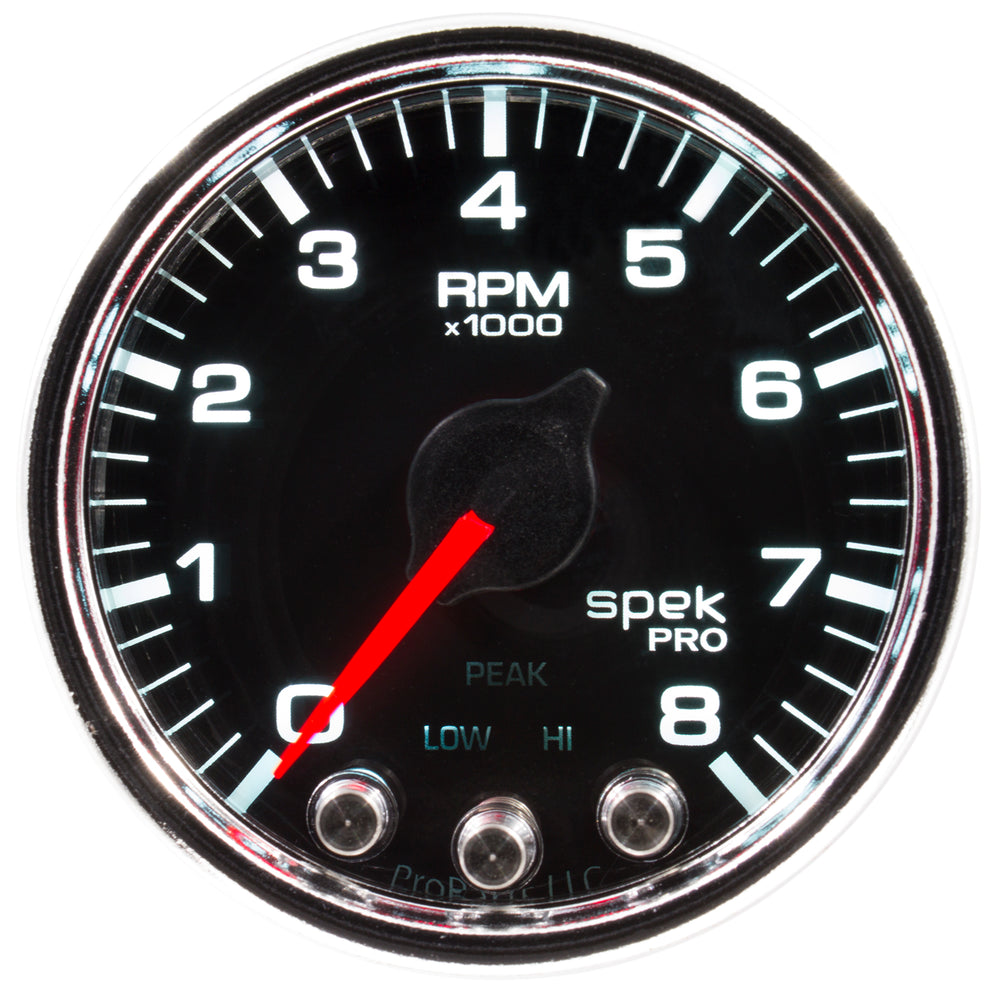 AutoMeter Gauge, Tach, 2 1/16", 8K RPM, W/ Shift Light & Peak Mem, Blk/Chrm, Spek-Pro — Red (P33431)