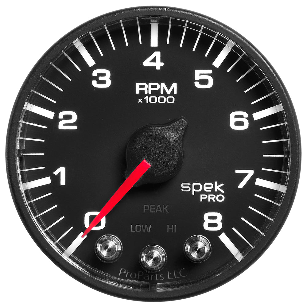AutoMeter Gauge, Tach, 2 1/16", 8K RPM, W/ Shift Light & Peak Mem, Blk/Blk, Spek-Pro — Red (P334328)