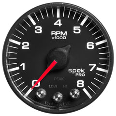 AutoMeter Gauge, Tach, 2 1/16", 8K RPM, W/ Shift Light & Peak Mem, Blk/Blk, Spek-Pro — Red (P334328)