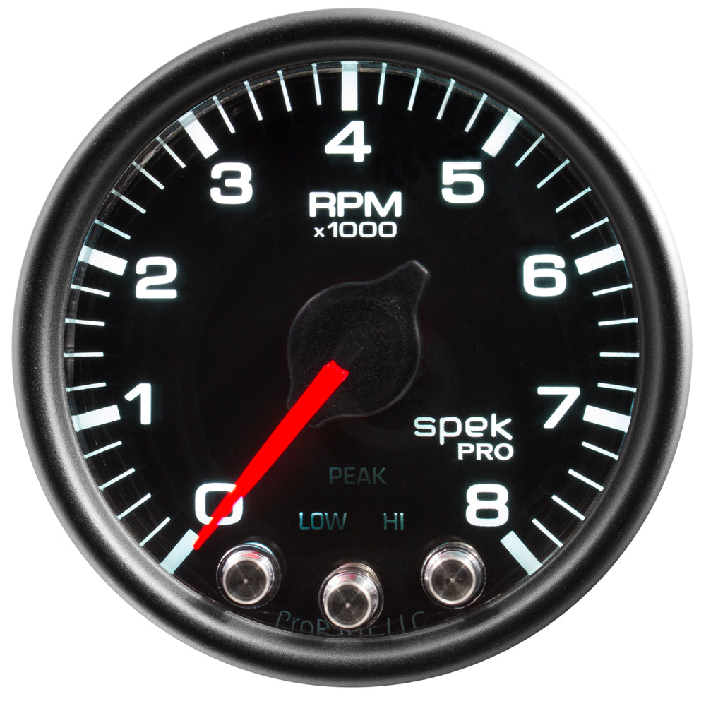 AutoMeter Gauge, Tach, 2 1/16", 8K RPM, W/ Shift Light & Peak Mem, Blk/Blk, Spek-Pro — Red (P33432)