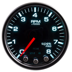 AutoMeter Gauge, Tach, 2 1/16", 8K RPM, W/ Shift Light & Peak Mem, Blk/Smoke/Blk, Spek-Pro