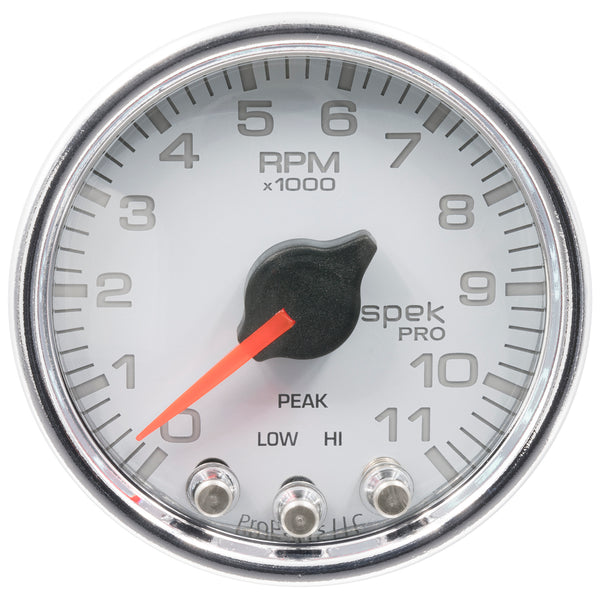 AutoMeter Gauge, Tach, 2 1/16", 11K RPM, W/ Shift Light & Peak Mem, Wht/Chrm, Spek-Pro