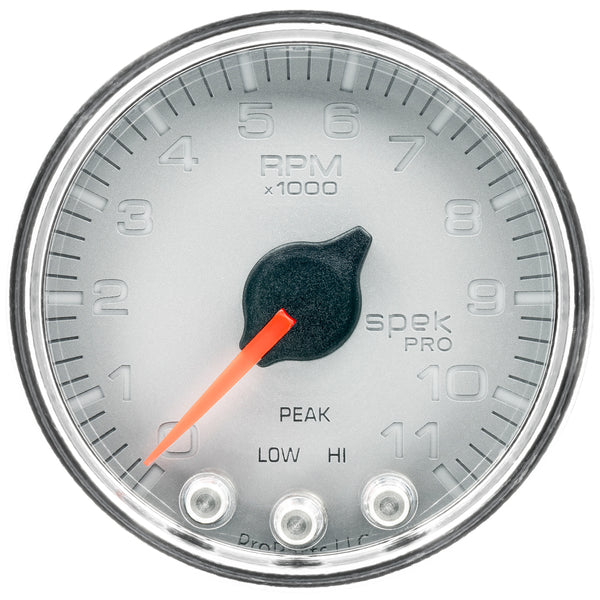 AutoMeter Gauge, Tach, 2 1/16", 11K RPM, W/ Shift Light & Peak Mem, Slvr/Chrm, Spek-Pro