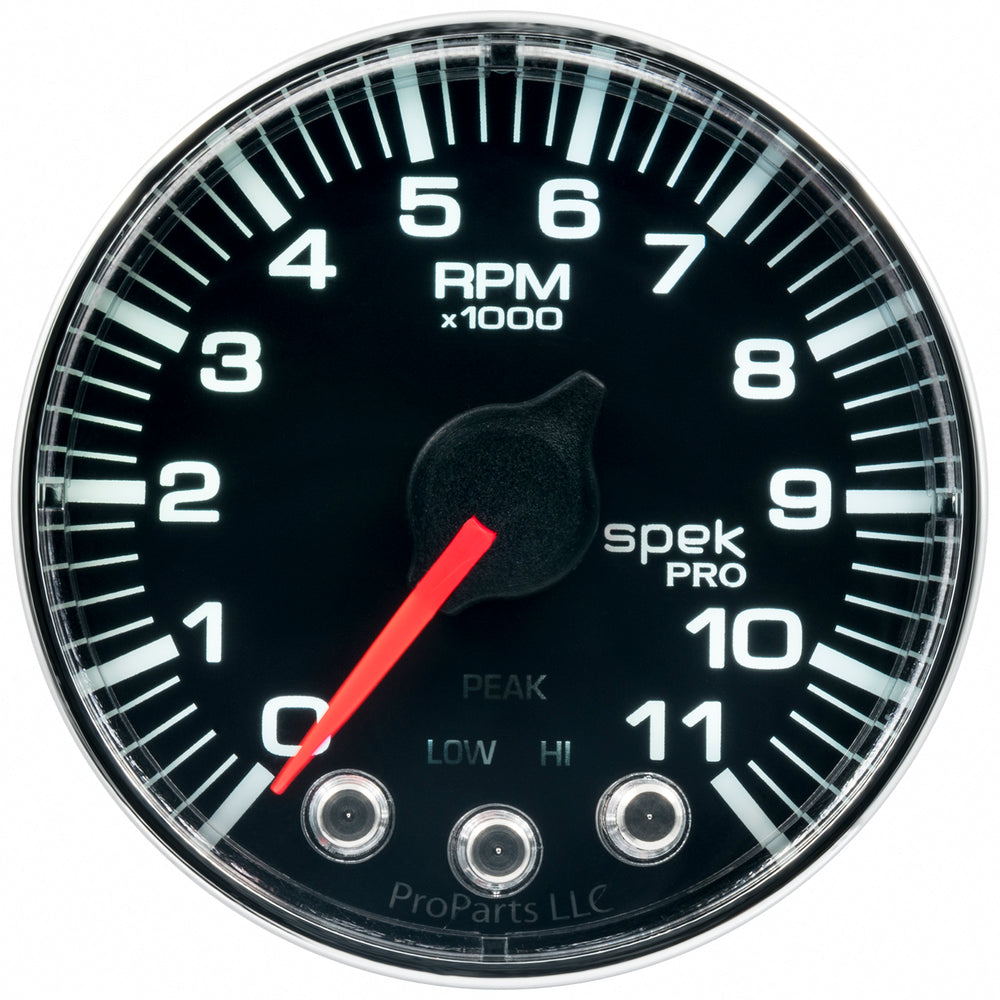 AutoMeter Gauge, Tach, 2 1/16", 11K RPM, W/ Shift Light & Peak Mem, Blk/Chrm, Spek-Pro — Red (P336318)